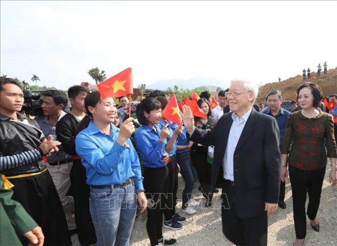 Tổng Bí thư, Chủ tịch nước Nguyễn Phú Trọng đến dự Lễ phát động tại xã Việt Cường, huyện Trấn Yên. Ảnh: Trí Dũng/TTXVN