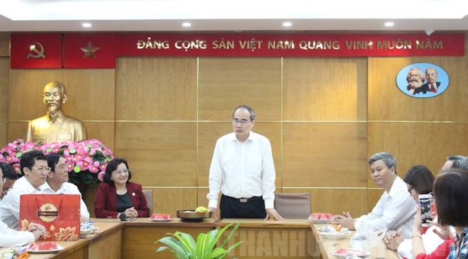 Bí thư Thành ủy Nguyễn Thiện Nhân phát biểu trong buổi gặp gỡ đầu năm tại Ban Tuyên giáo Thành ủy TPHCM