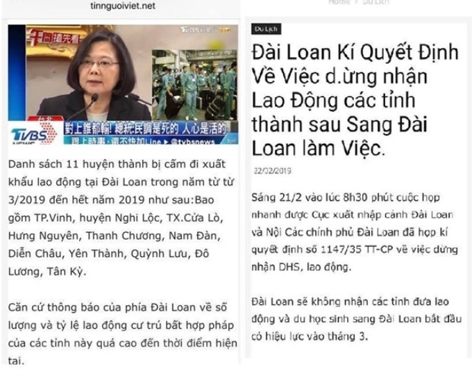 Các trang web đưa tin không chính xác về việc Đài Loan dừng tiếp nhận lao động Việt Nam. (Ảnh: Vietnam+)