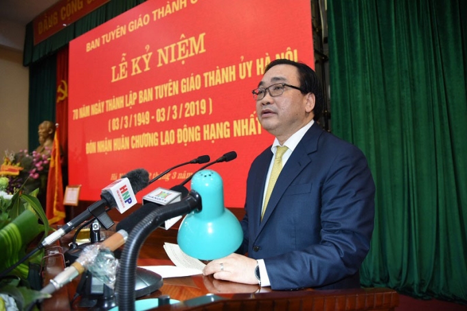 Bí thư Thành ủy Hà Nội Hoàng Trung Hải phát biểu tại buổi lễ kỷ niệm (Ảnh: TA)