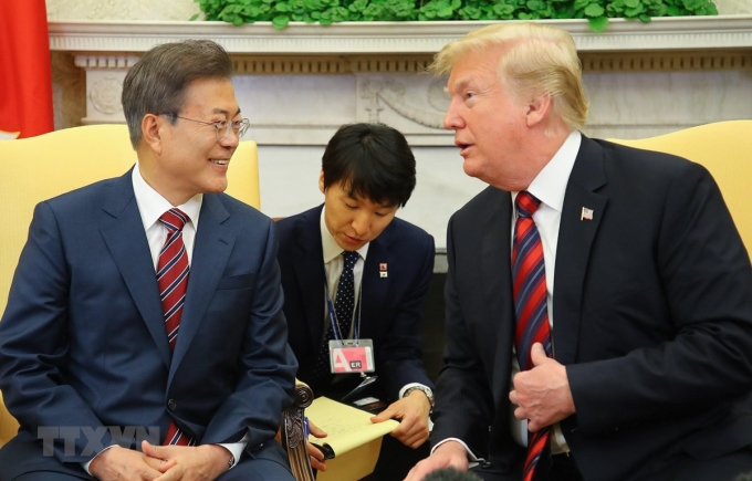 Tổng thống Hàn Quốc Moon Jae-in trong cuộc gặp Tổng thống Mỹ Donald Trump tại Nhà Trắng ở Washington DC., ngày 22/5/2019. (Nguồn: YONHAP/TTXVN)