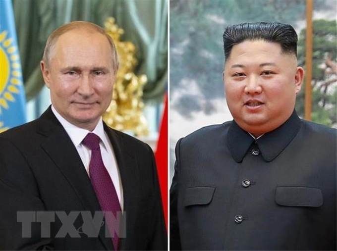 Tổng thống Nga Vladimir Putin và nhà lãnh đạo Triều Tiên Kim Jong-un. (Nguồn: AFP/TTXVN)