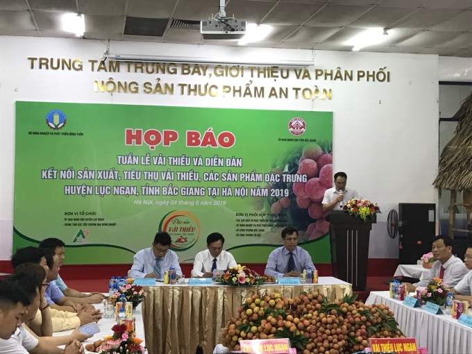 Họp báo chương trình Tuần lễ quảng bá kết hợp Diễn đàn kết nối sản xuất và tiêu thụ sản phẩm vải thiều Lục Ngạn tại Hà Nội năm 2019 (ảnh DP)