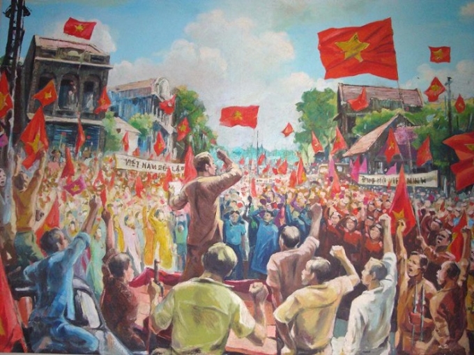 Ủy ban Nhân dân cách mạng Lâm thời tỉnh Thanh Hóa ra mắt tại Thị xã Thanh Hoá ngày 23/8/1945. (Hình minh họa. Tranh sơn dầu. Nguồn: Bảo tàng Thanh Hóa)