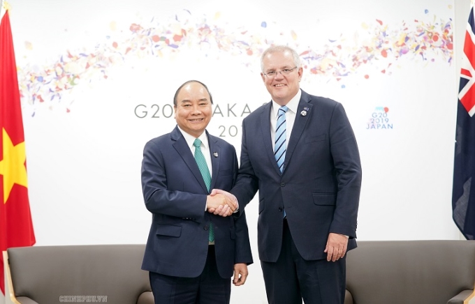 Thủ tướng Nguyễn Xuân Phúc và Thủ tướng Australia Scott Morrison. (Ảnh VGP)