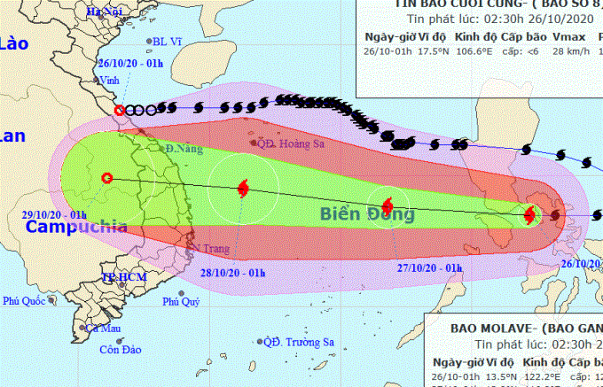 Bão Molave sẽ đi vào Biển Đông trong ngày 26-10, trở thành cơn bão số 9 trên Biển Đông và di chuyển nhanh, có cường độ rất mạnh và phạm vi ảnh hưởng rộng - Nguồn: Trung tâm Dự báo khí tượng thuỷ văn quốc gia