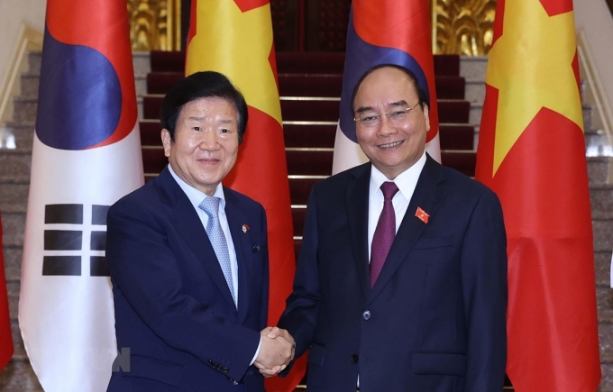 Thủ tướng Nguyễn Xuân Phúc tiếp Chủ tịch Quốc hội Hàn Quốc Park Byeong-Seug. (Ảnh: Thống Nhất/TTXVN)