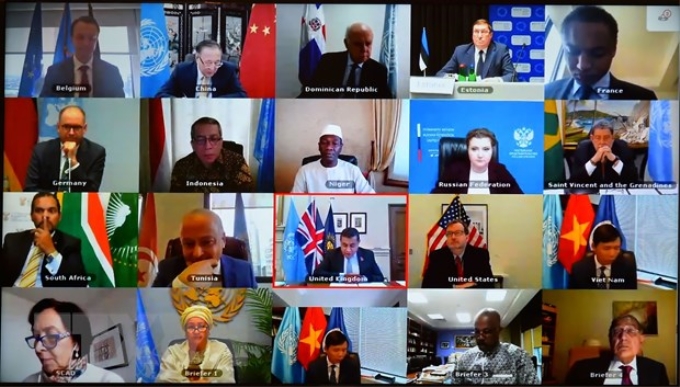 Các đại biểu, đại diện các quốc gia, vùng lãnh thổ dự Phiên thảo luận trực tuyến của Hội đồng Bảo an Liên hợp quốc. (Nguồn: TTXVN)