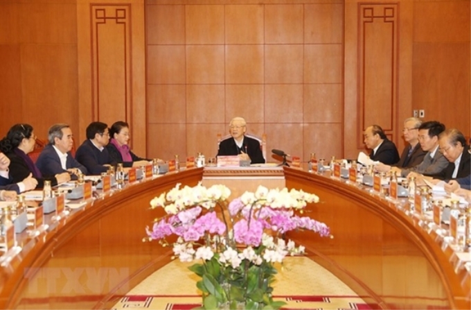 Tổng bí thư, Chủ tịch nước Nguyễn Phú Trọng chủ trì cuộc họp Tiểu ban Văn kiện Đại hội XIII. (Ảnh: TTXVN)
