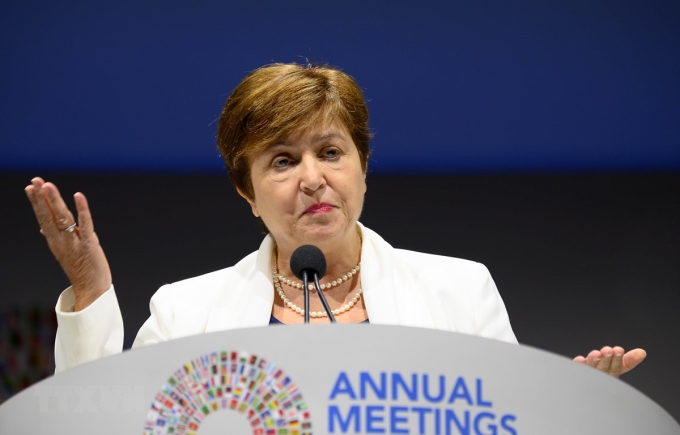 Tổng Giám đốc IMF - bà Kristalina Georgieva phát biểu tại Hội nghị thường niên Quỹ Tiền tệ Quốc tế (IMF) và Ngân hàng Thế giới (WB) ở Washington, DC,Mỹ, ngày 18/10. (Ảnh: AFP/TTXVN)