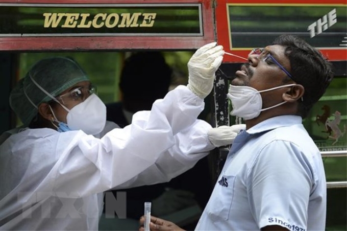 Nhân viên y tế lấy mẫu xét nghiệm COVID-19 tại Chennai, Ấn Độ. (Ảnh:AFP/TTXVN)