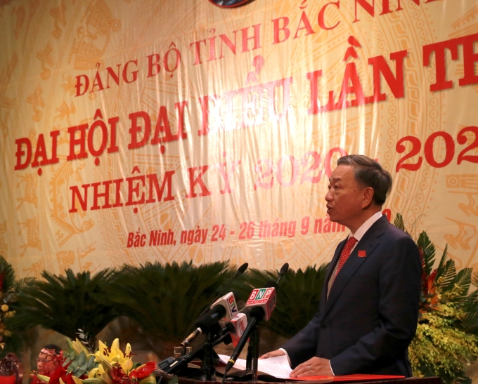 Đồng chí Tô Lâm, Uỷ viên Bộ Chính trị, Bộ trưởng Bộ Công an phát biểu chỉ đạo Đại hội (Ảnh: TA)