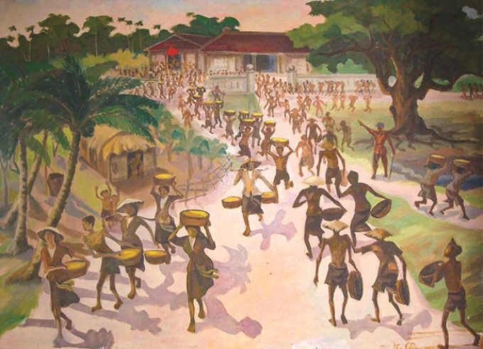 Cảnh phá kho thóc của Nhật cứu đói cho dân ở huyện Hoằng Hóa, tỉnh Thanh Hóa, tháng 5/1945. (Tranh: Bảo tàng tỉnh Thanh Hóa).
