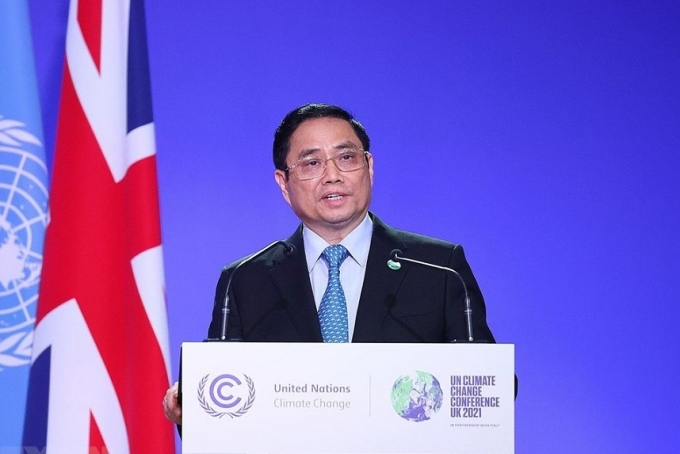 Thủ tướng Phạm Minh Chính phát biểu tại Hội nghị lần thứ 26 các Bên tham gia Công ước khung của Liên hợp quốc về Biến đổi khí hậu (COP26). (Ảnh: TTXVN)