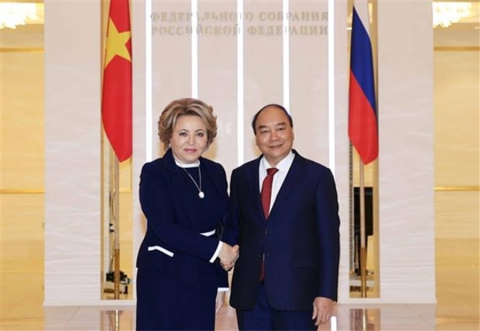 Chủ tịch nước Nguyễn Xuân Phúc gặp Chủ tịch Hội đồng Liên bang Nga Valentina Matvienko tại thủ đô Moskva (Nga), chiều 1/12/2021 (giờ địa phương). (Ảnh: Thống Nhất/TTXVN)