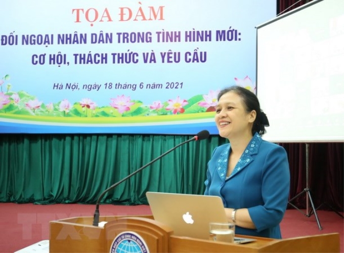 Chủ tịch Liên hiệp các tổ chức hữu nghị Việt Nam Nguyễn Phương Nga phát biểu. (Ảnh: TTXVN)