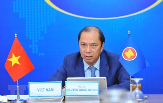 Thứ trưởng Nguyễn Quốc Dũng, Trưởng SOM ASEAN Việt Nam tham dự Hội nghị. (Ảnh: TTXVN)