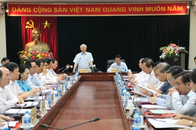 Tổng Bí thư Nguyễn Phú Trọng làm việc với Ban Tuyên giáo Trung ương ngày 1-8-2018.