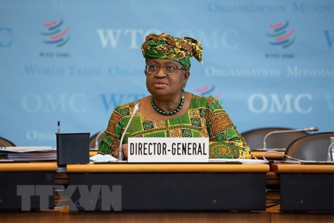 Tổng Giám đốc WTO Ngozi Okonjo-Iweala phát biểu tại phiên họp Đại Hội đồng WTO ở Geneva, Thụy Sĩ, ngày 1/3/2021. (Ảnh: THX/TTXVN)