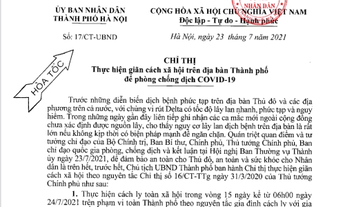 Hà Nội chính thức giãn cách toàn xã hội trong 15 ngày, kể từ 6 giờ ngày 24/7/2021