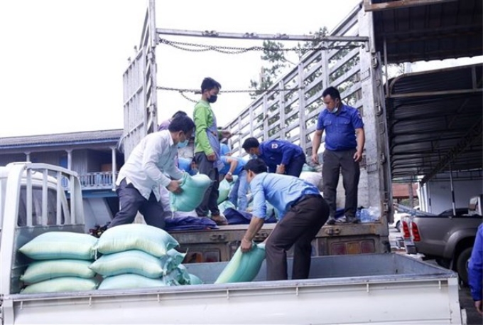 Hàng hóa quyên góp từ khắp các tổ chức và người dân trong tỉnh đang được bốc lên xe chuyển về Thành phố Hồ Chí Minh. (Ảnh: Phạm Kiên)
