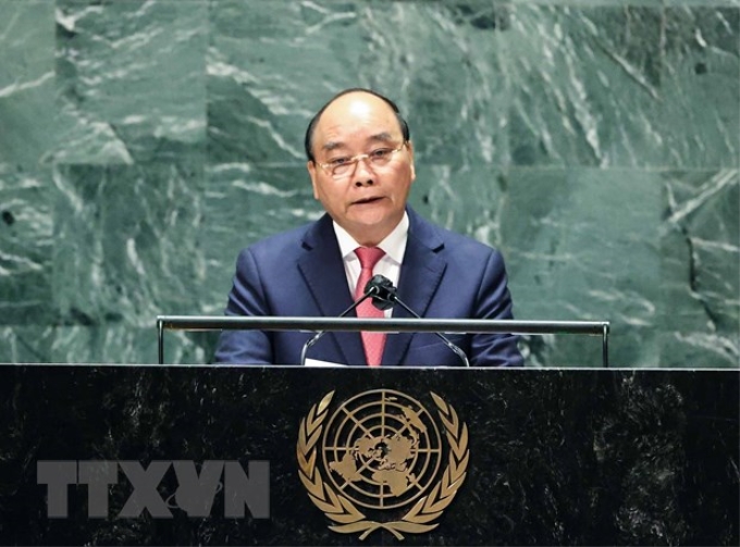 Chủ tịch nước Nguyễn Xuân Phúc phát biểu tại Phiên thảo luận Cấp cao Đại hội đồng Đại hội đồng Liên hợp quốc lần thứ 76. (Ảnh: Thống Nhất/TTXV