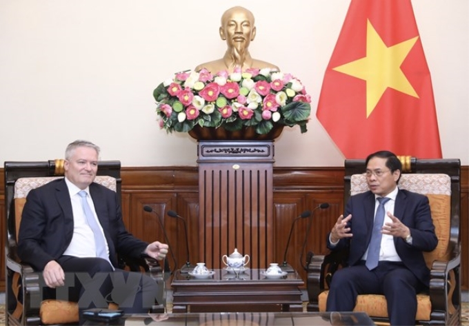 Bộ trưởng Ngoại giao Bùi Thanh Sơn tiếp Tổng Thư ký OECD Mathias Cormann. (Ảnh: Lâm Khánh/TTXVN)