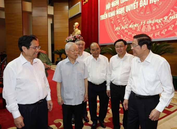 Tổng Bí thư Nguyễn Phú Trọng cùng các đồng chí lãnh đạo Đảng, Nhà nước và các đại biểu dự Hội nghị trực tuyến toàn quốc các cơ quan nội chính triển khai Nghị quyết Đại hội XIII của Đảng. (Ảnh: Tư liệu)