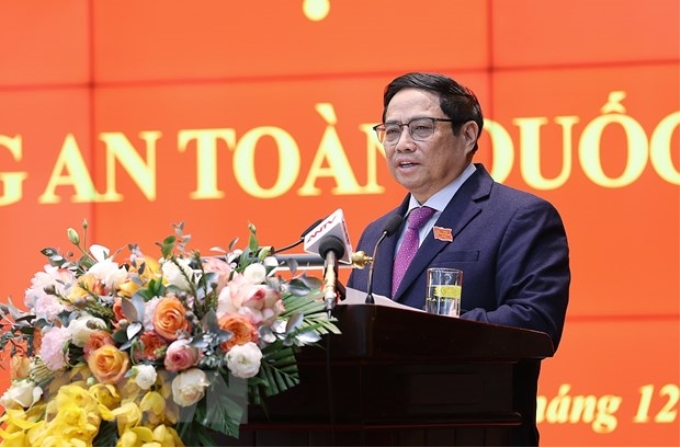 Thủ tướng Phạm Minh Chính phát biểu chỉ đạo Hội nghị Công an toàn quốc. (Ảnh: TTXVN)