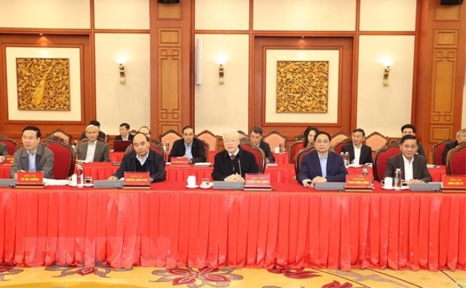 Tổng Bí thư Nguyễn Phú Trọng chủ trì họp họp Bộ Chính trị cho ý kiến về Đề án tổng kết 10 năm thực hiện Nghị quyết số 16-NQ/TW. (Ảnh: TTXVN)