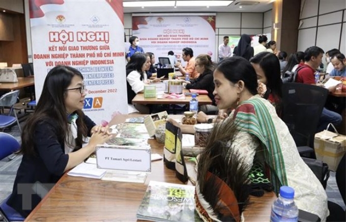 Doanh nghiệp Việt Nam-Indonesia trao đổi cơ hội hợp tác thương mại hàng hoá tại hội nghị. (Ảnh: Xuân Anh/TTXVN)