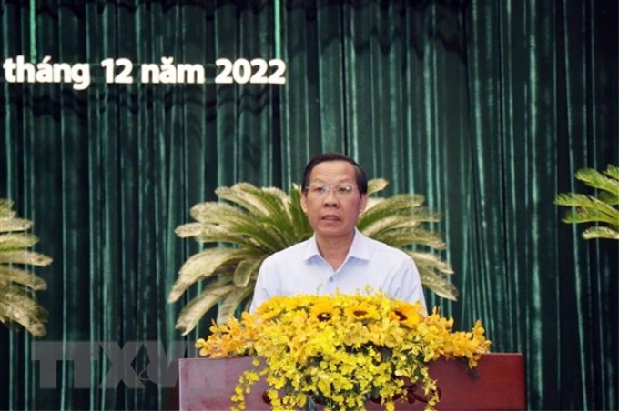 Chủ tịch UBND Thành phố Hồ Chí Minh Phan Văn Mãi phát biểu tại Hội nghị. (Ảnh: Tiến Lực/TTXVN)