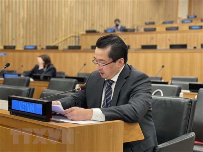 Đại sứ Phạm Hải Anh, Phó trưởng phái đoàn Việt Nam tại Liên hợp quốc, tham dự và phát biểu tại khóa họp. (Ảnh: TTXVN phát)