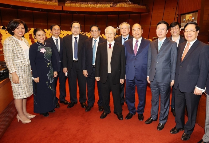 Tổng Bí thư Nguyễn Phú Trọng cùng các đồng chí lãnh đạo Đảng, Nhà nước và các đại biểu dự Hội nghị Đối ngoại toàn quốc triển khai thực hiện Nghị quyết Đại hội XIII của Đảng. (Ảnh: TTXVN)