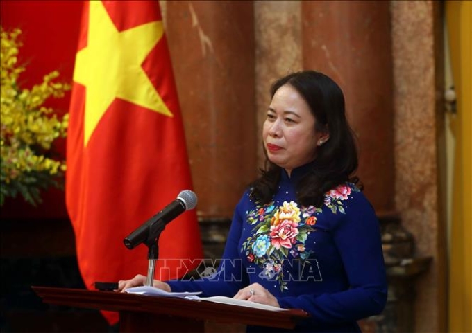 Phó Chủ tịch nước Võ Thị Ánh Xuân phát biểu tại cuộc gặp mặt. (Ảnh: TTXVN)