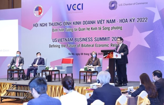 Thủ tướng Phạm Minh Chính phát biểu tại Hội nghị Thượng đỉnh Kinh doanh Việt Nam - Hoa Kỳ lần thứ 5. (Ảnh: TTXVN)