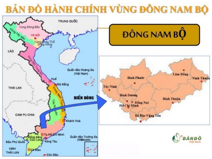 Vùng Đông Nam Bộ gồm 6 tỉnh, thành phố trực thuộc Trung ương là Thành phố Hồ Chí Minh, Đồng Nai, Bình Dương, Bà Rịa-Vũng Tàu, Bình Phước và Tây Ninh. (Nguồn: Bản đồ Việt Nam)