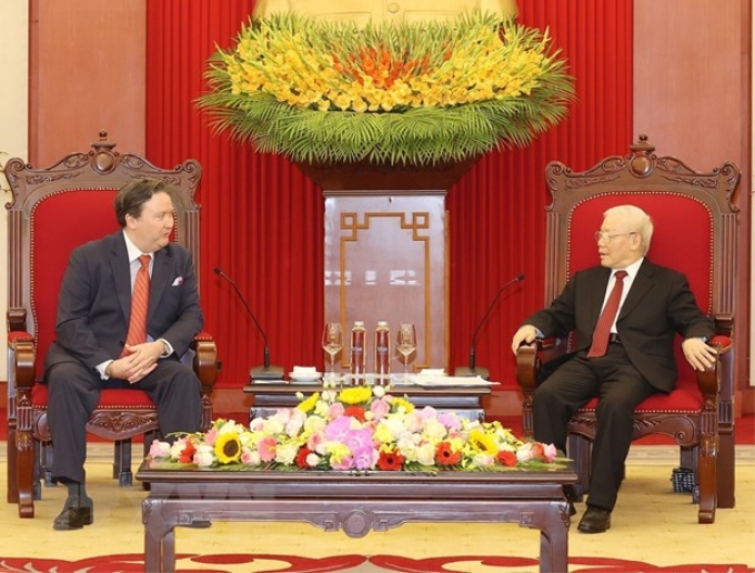 Tổng Bí thư Nguyễn Phú Trọng tiếp Đại sứ Hoa Kỳ Marc E. Knapper đến chào xã giao. (Ảnh: Trí Dũng/TTXVN)