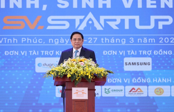 Thủ tướng Phạm Minh Chính nhấn mạnh phải thúc đẩy mạnh mẽ hệ sinh thái khởi nghiệp ngành giáo dục nói chung, nhất là hệ sinh thái khởi nghiệp trong các trường đại học, cao đẳng nói riêng. Ảnh: VGP/Nhật Bắc