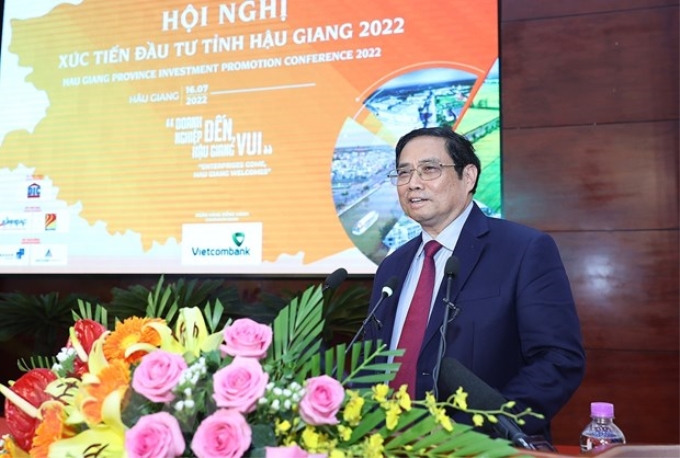 Thủ tướng Phạm Minh Chính phát biểu tại Hội nghị xúc tiến đầu tư tỉnh Hậu Giang 2022. (Ảnh: Dương Giang/TTXVN)