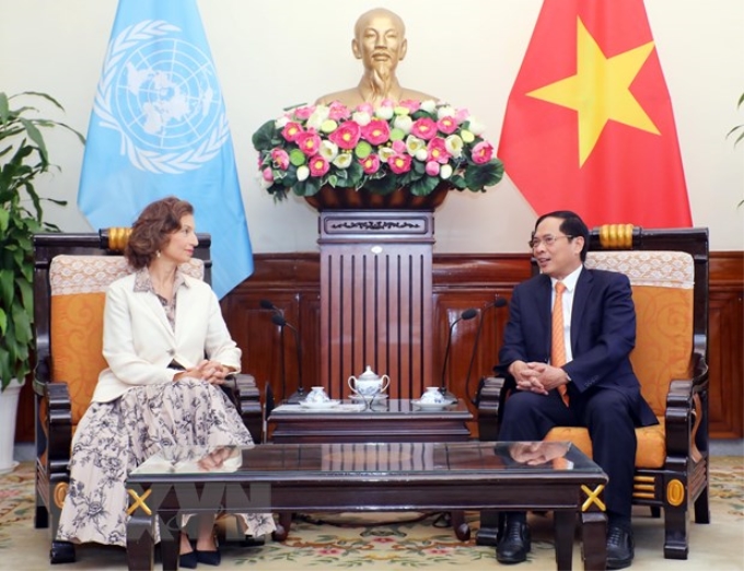 Bộ trưởng Ngoại giao Bùi Thanh Sơn tiếp Tổng Giám đốc UNESCO Audrey Azoulay. (Ảnh: Lâm Khánh/TTXVN)