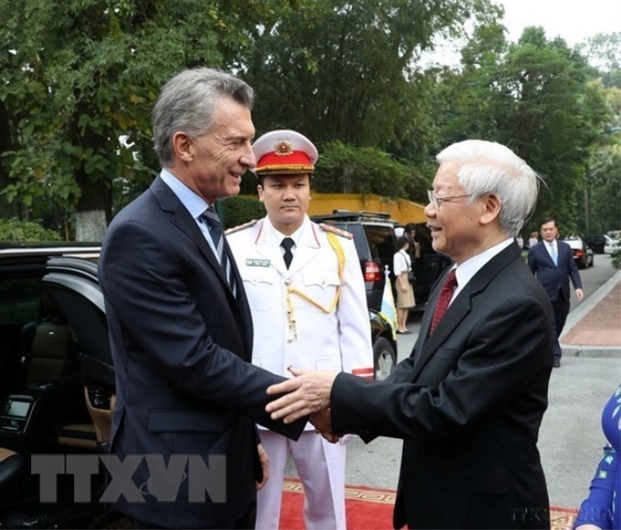 Tổng Bí thư, Chủ tịch nước Nguyễn Phú Trọng đón Tổng thống Argentina Mauricio Macri thăm cấp Nhà nước Việt Nam (năm 2019). (Ảnh: TTXVN)