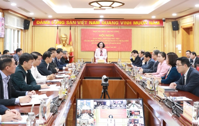 Đồng chí Trương Thị Mai, Ủy viên Bộ Chính trị, Thường trực Ban Bí thư, Trưởng Ban Tổ chức Trung ương phát biểu ý kiến chỉ đạo tại Hội nghị.