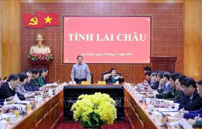 Thủ tướng Phạm Minh Chính chủ trì làm việc với Ban Thường vụ Tỉnh ủy Lai Châu. Ảnh: Dương Giang/TTXVN