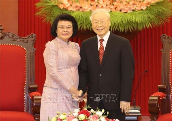 Tổng Bí thư Nguyễn Phú Trọng tiếp Chủ tịch Quốc hội Campuchia Samdech Khuon Sudary. (Ảnh: TTXVN)