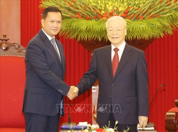 Tổng Bí thư Nguyễn Phú Trọng tiếp Thủ tướng Vương quốc Campuchia Samdech Hun Manet. (Ảnh: TTXVN)