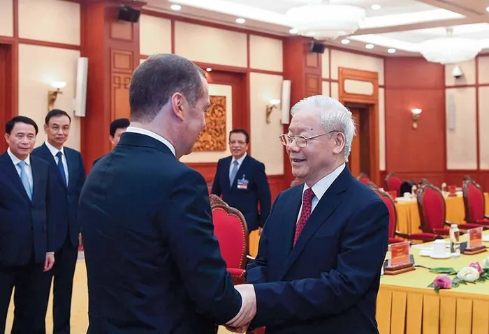 Tổng Bí thư Nguyễn Phú Trọng hội đàm với Chủ tịch Đảng Nước Nga Thống nhất, Phó chủ tịch Hội đồng An ninh Liên bang Nga Dmitry Medvedev nhân chuyến thăm chính thức Việt Nam từ ngày 21-23/5/2023.