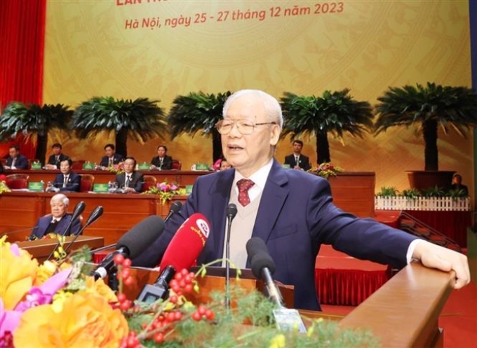 Tổng Bí thư Nguyễn Phú Trọng nêu 7 vấn đề cho Đại hội đại biểu toàn quốc Hội Nông dân Việt Nam lần thứ VIII. Ảnh: TTXVN