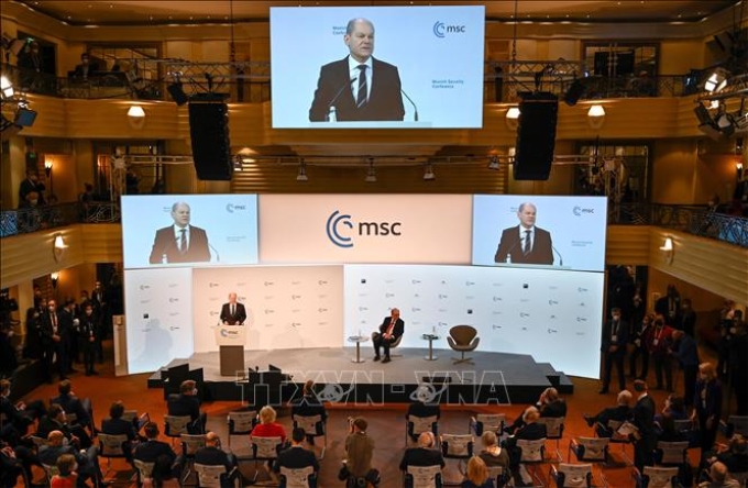 Thủ tướng Đức Olaf Scholz phát biểu tại Hội nghị An ninh Munich ở Munich (Đức) ngày 19/2/2022. Ảnh: AFP/TTXVN