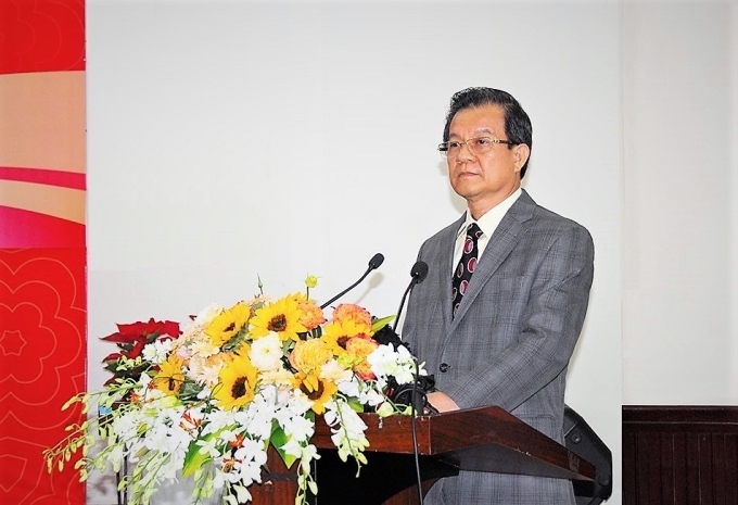 Ủy viên Ban Chấp hành Trung ương Đảng, Bí thư Tỉnh ủy An Giang Lê Hồng Quang phát biểu tại buổi họp mặt